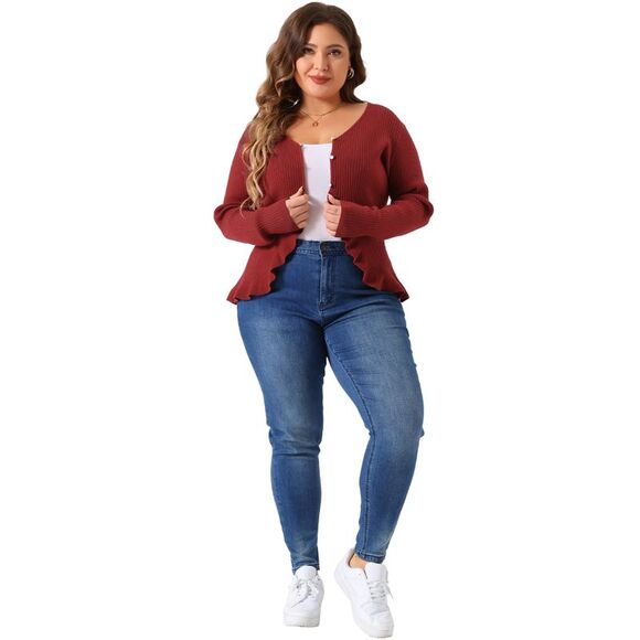 Plus Size Knit Sweater Open Front Ruffled Button Cardigan Outerwear Burgundy - Picture 3 of 6
